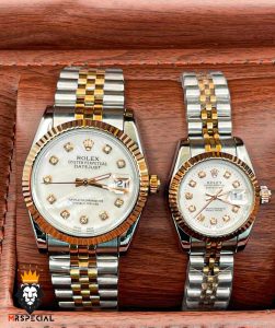 ساعت ست رولکس مردانه و زنانه دیت جاست باتری دورنگ رزگلد صفحه سفید 5700 Rolex Date just