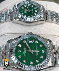 ساعت ست رولکس مردانه و زنانه دیت جاست باتری استیل صفحه سبز 01046 ROLEX DATEJUST