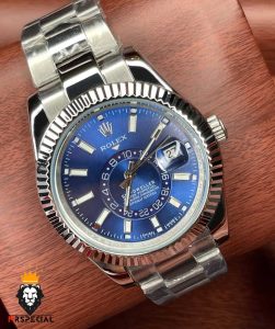 ساعت مچی مردانه رولکس اسکای دالر اتوماتیک استیل صفحه ابی 0022 Rolex Sky Dweller