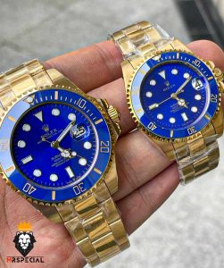 ساعت ست رولکس مردانه و زنانه مدل ساب مارینر طلایی صفحه ابی 01088 Rolex Sub mariner