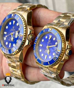 ساعت ست رولکس مردانه و زنانه مدل ساب مارینر طلایی صفحه ابی 01088 Rolex Sub mariner