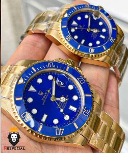 ساعت ست رولکس مردانه و زنانه مدل ساب مارینر طلایی صفحه ابی 01088 Rolex Sub mariner