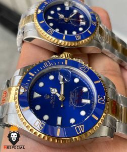 ساعت ست رولکس مردانه و زنانه ساب مارینر دورنگ طلایی صفحه ابی 01085 Rolex Sub mariner