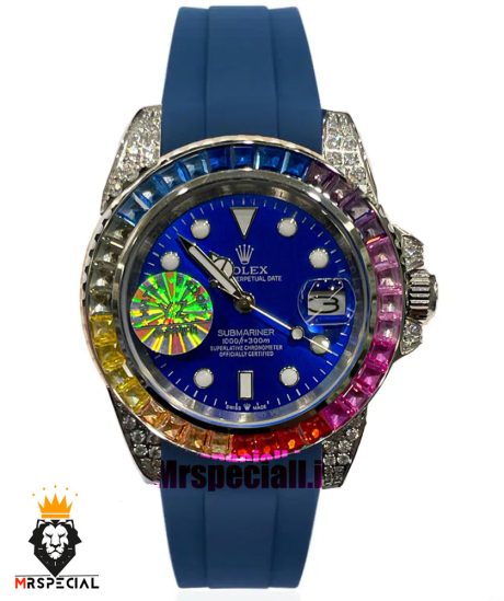 ساعت رولکس مدل ساب مارینر اتوماتیک فول نگین بند رابر ابی صفحه ابی 021437 Rolex SUB MARINER Diamond