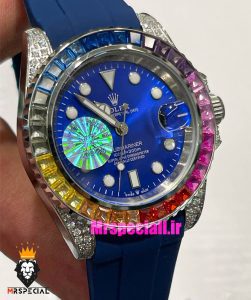 ساعت رولکس مدل ساب مارینر اتوماتیک فول نگین بند رابر ابی صفحه ابی 021437 Rolex SUB MARINER Diamond