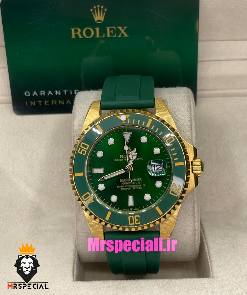 ساعت رولکس مردانه مدل ساب مارینر کوارتز بدنه طلایی بند رابر صفحه سبز 021468 Rolex Submariner