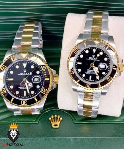 ساعت ست رولکس مردانه و زنانه مدل ساب مارینر دورنگ طلایی صفحه مشکی 01621 Rolex Sub mariner