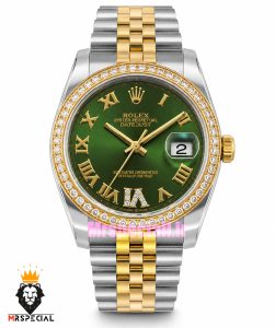 ساعت رولکس زنانه دیت جاست قاب نگین دورنگ طلایی صفحه سبز 021663 ROLEX DATEJUST