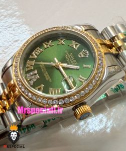 ساعت رولکس زنانه دیت جاست قاب نگین دورنگ طلایی صفحه سبز 021663 ROLEX DATEJUST 