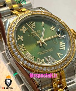ساعت رولکس زنانه دیت جاست قاب نگین دورنگ طلایی صفحه سبز 021663 ROLEX DATEJUST 