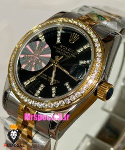 ساعت رولکس زنانه دیت جاست قاب نگین دورنگ طلایی صفحه مشکی 021622 ROLEX DATEJUST