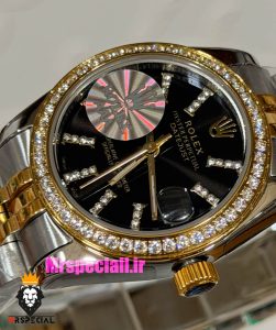 ساعت رولکس زنانه دیت جاست قاب نگین دورنگ طلایی صفحه مشکی 021622 ROLEX DATEJUST