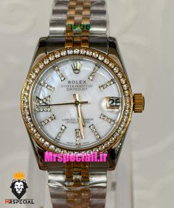 ساعت رولکس زنانه دیت جاست قاب نگین دورنگ طلایی صفحه سفید صدف 021624 ROLEX DATEJUST 