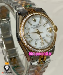 ساعت رولکس زنانه دیت جاست قاب نگین دورنگ طلایی صفحه سفید صدف 021624 ROLEX DATEJUST 