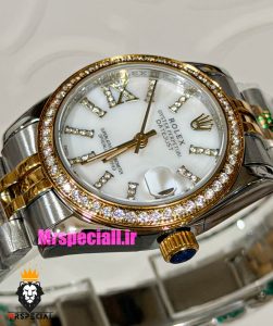 ساعت رولکس زنانه دیت جاست قاب نگین دورنگ طلایی صفحه سفید صدف 021624 ROLEX DATEJUST 