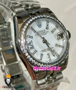 ساعت رولکس زنانه دیت جاست استیل قاب نگین صفحه سفید صدف 021620 ROLEX DATEJUST 