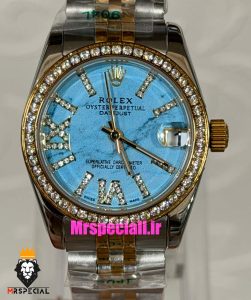 ساعت رولکس زنانه دیت جاست قاب نگین دورنگ طلایی صفحه تیفانی 021623 ROLEX DATEJUST 