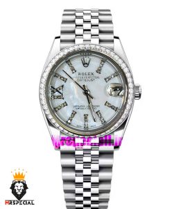 ساعت رولکس زنانه دیت جاست استیل قاب نگین صفحه سفید صدف 021620 ROLEX DATEJUST