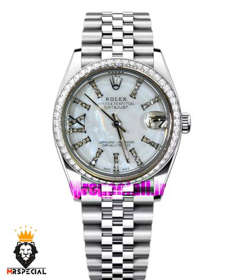 ساعت رولکس زنانه دیت جاست استیل قاب نگین صفحه سفید صدف 021620 ROLEX DATEJUST