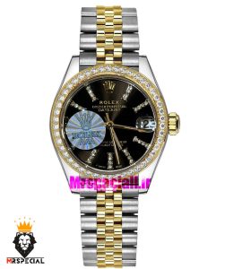 ساعت رولکس زنانه دیت جاست قاب نگین دورنگ طلایی صفحه مشکی 021622 ROLEX DATEJUST