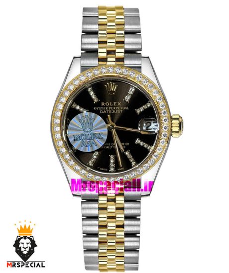 ساعت رولکس زنانه دیت جاست قاب نگین دورنگ طلایی صفحه مشکی 021622 ROLEX DATEJUST