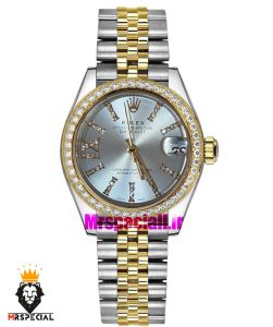 ساعت رولکس زنانه دیت جاست قاب نگین دورنگ طلایی صفحه نقره ای 021621 ROLEX DATEJUST