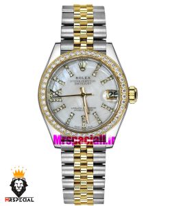 ساعت رولکس زنانه دیت جاست قاب نگین دورنگ طلایی صفحه سفید صدف 021624 ROLEX DATEJUST