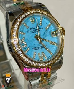 ساعت رولکس زنانه دیت جاست قاب نگین دورنگ طلایی صفحه تیفانی 021623 ROLEX DATEJUST 