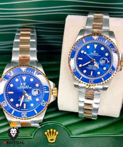 ساعت ست رولکس مردانه و زنانه ساب مارینر دورنگ طلایی صفحه ابی 01085 Rolex Sub mariner