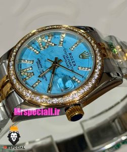 ساعت رولکس زنانه دیت جاست قاب نگین دورنگ طلایی صفحه تیفانی 021623 ROLEX DATEJUST 