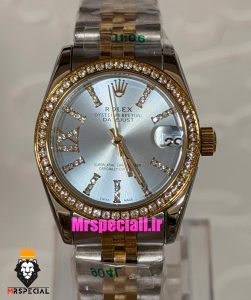 ساعت رولکس زنانه دیت جاست قاب نگین دورنگ طلایی صفحه نقره ای 021621 ROLEX DATEJUST
