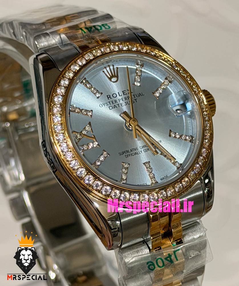 ساعت رولکس زنانه دیت جاست قاب نگین دورنگ طلایی صفحه نقره ای 021621 ROLEX DATEJUST