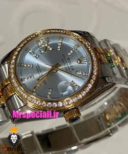 ساعت رولکس زنانه دیت جاست قاب نگین دورنگ طلایی صفحه نقره ای 021621 ROLEX DATEJUST
