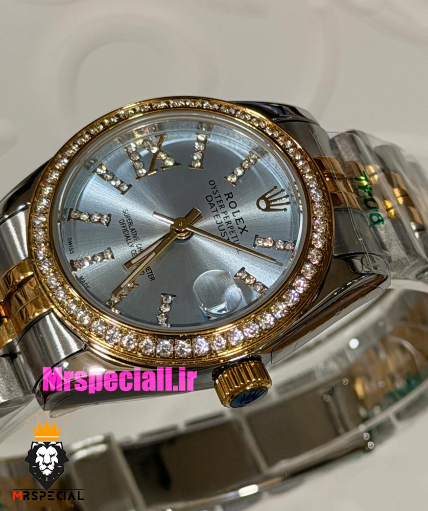 ساعت رولکس زنانه دیت جاست قاب نگین دورنگ طلایی صفحه نقره ای 021621 ROLEX DATEJUST