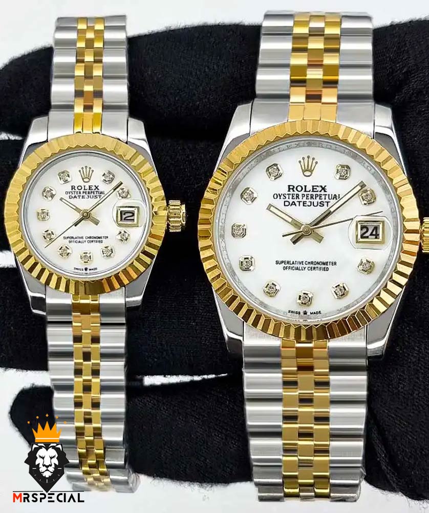ساعت ست رولکس زنانه و مردانه دیت جاست باتری دورنگ طلایی صفحه سفید 01484 ROLEX DATEJUST