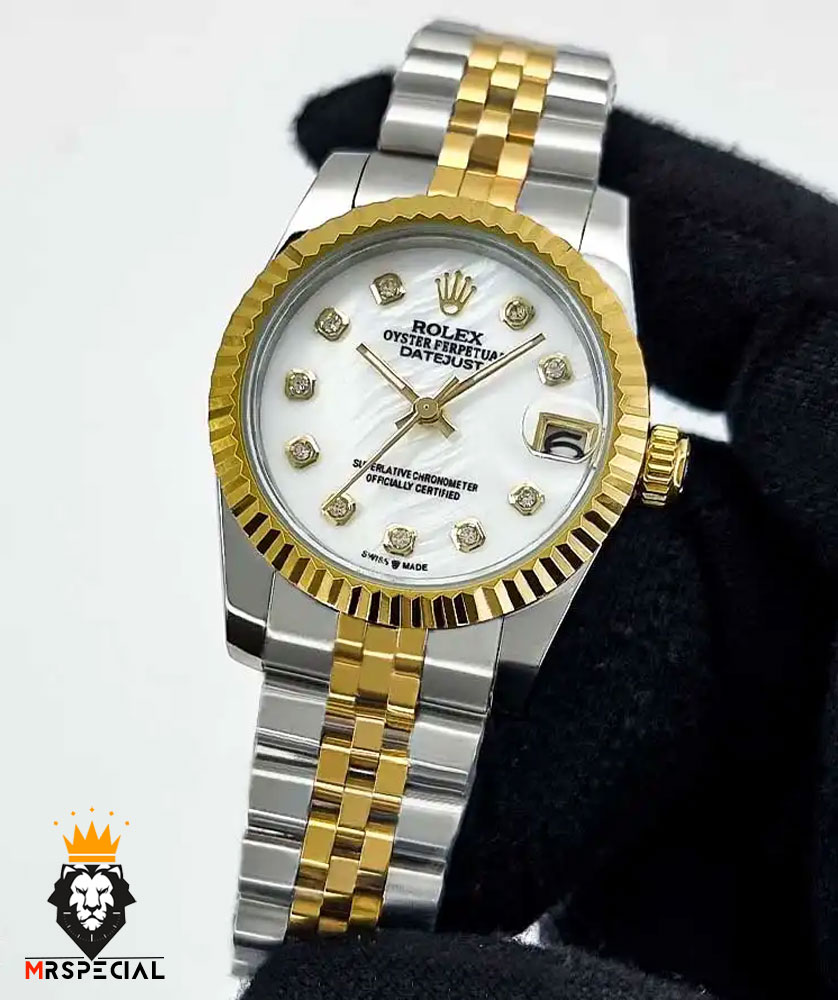ساعت ست رولکس زنانه و مردانه دیت جاست باتری دورنگ طلایی صفحه سفید 01484 ROLEX DATEJUST