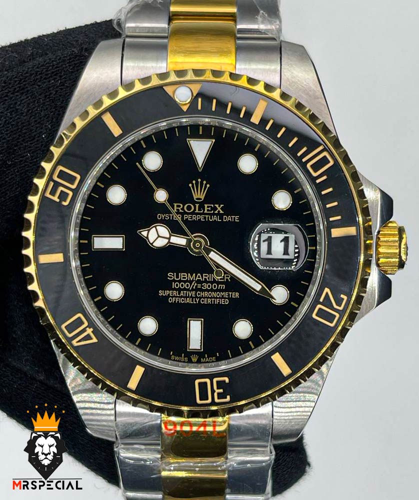 ساعت رولکس مردانه ساب مارینر کوارتز دو رنگ طلایی صفحه مشکی 6636 Rolex Sub mariner