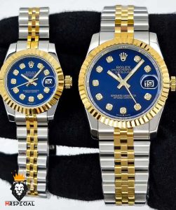 ساعت ست رولکس مردانه و زنانه دیت جاست باتری دورنگ طلایی صفحه ابی 0921 ROLEX DATEJUST