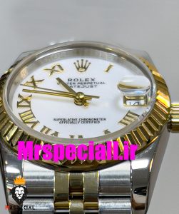 ساعت زنانه رولکس دیت جاست اتوماتیک دورنگ طلایی صفحه سفید سایز 26 020644 ROLEX DATEJUST