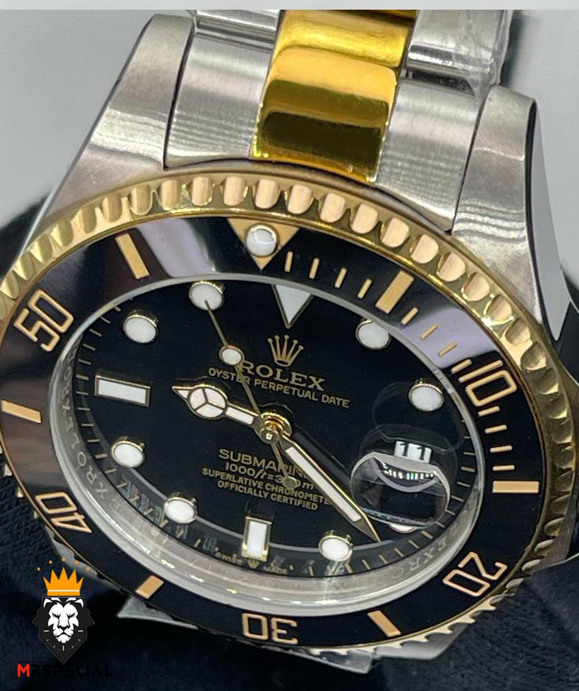 ساعت رولکس مردانه ساب مارینر کوارتز دو رنگ طلایی صفحه مشکی 6636 Rolex Sub mariner
