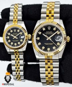 ساعت ست رولکس مردانه و زنانه دیت جاست دورنگ طلایی صفحه مشکی 0832 ROLEX DATEJUST