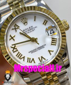 ساعت زنانه رولکس دیت جاست اتوماتیک دورنگ طلایی صفحه سفید سایز 26 020644 ROLEX DATEJUST