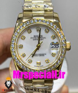 ساعت زنانه رولکس دیت جاست اتوماتیک طلایی قاب نگین سایز 31 020646 ROLEX DATEJUST Diamond 