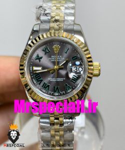 ساعت زنانه رولکس دیت جاست ویمبلدون اتوماتیک دورنگ طلایی صفحه طوسی سایز 26 020645 ROLEX DATEJUST WIMBELDON