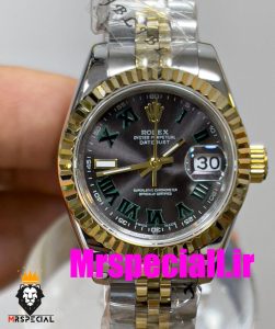 ساعت زنانه رولکس دیت جاست ویمبلدون اتوماتیک دورنگ طلایی صفحه طوسی سایز 26 020645 ROLEX DATEJUST WIMBELDON