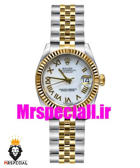 ساعت زنانه رولکس دیت جاست اتوماتیک دورنگ طلایی صفحه سفید سایز 26 020644 ROLEX DATEJUST