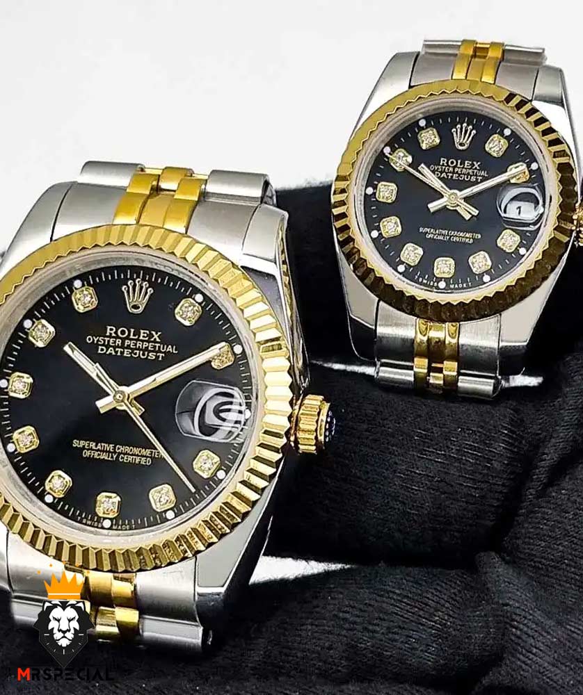 ساعت ست رولکس مردانه و زنانه دیت جاست دورنگ طلایی صفحه مشکی 0832 ROLEX DATEJUST