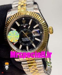 ساعت مردانه رولکس مدل اسکای دالر اتوماتیک بند ژوبیل دورنگ طلایی صفحه مشکی 020671 Rolex Sky Dweller 