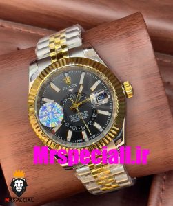 ساعت مردانه رولکس مدل اسکای دالر اتوماتیک بند ژوبیل دورنگ طلایی صفحه مشکی 020671 Rolex Sky Dweller