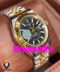 ساعت مردانه رولکس مدل اسکای دالر اتوماتیک بند ژوبیل دورنگ طلایی صفحه مشکی 020671 Rolex Sky Dweller 